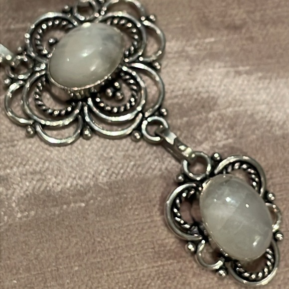 Moonstone Necklace Floral Drop Design Silver Scroll 6 Moonstones V Drop - Picture 8 of 12